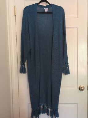 Monroe & Main Teal Fringe Open-Front Long Cardigan